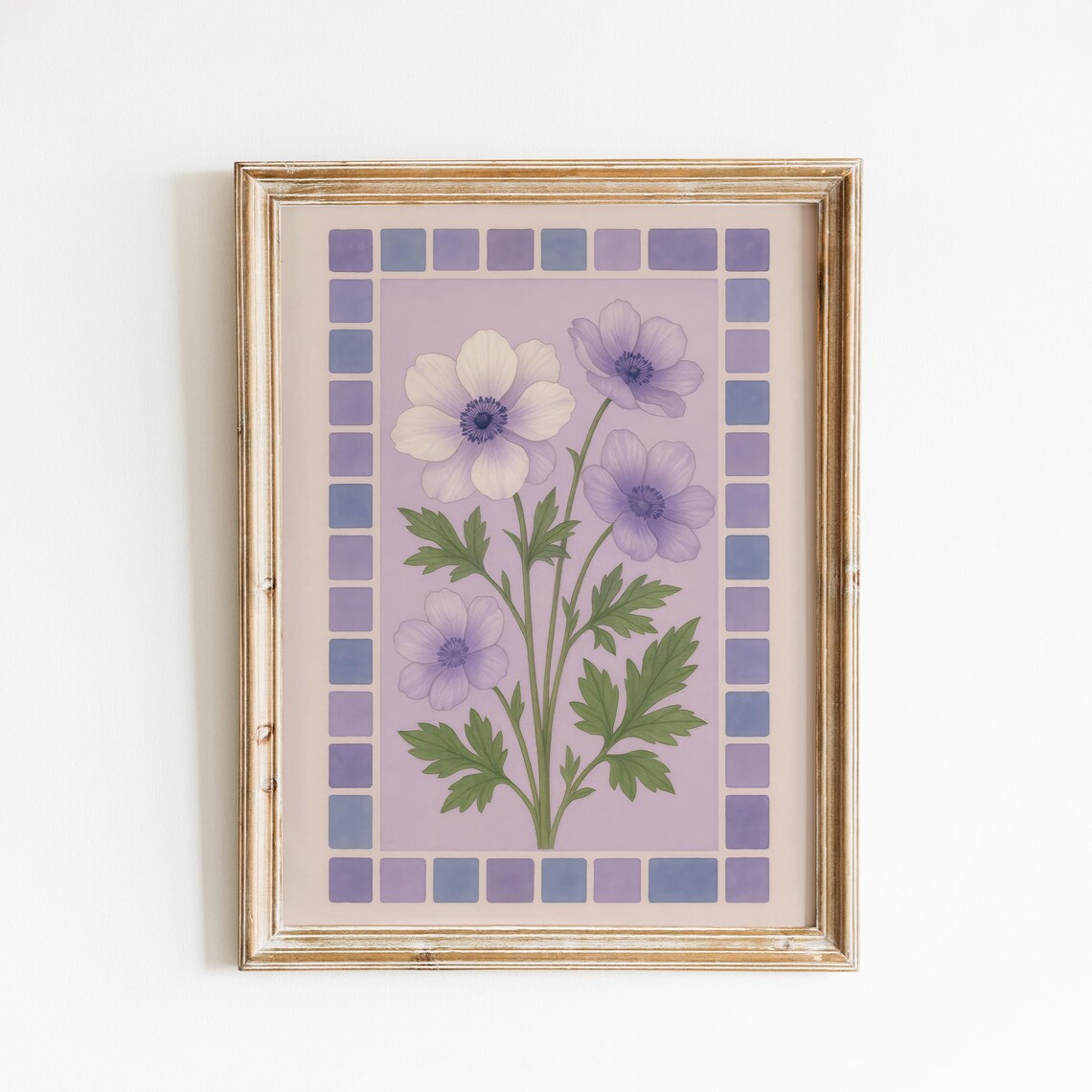 Purple Anemone Flowers Watercolor with Tile Border Art Poster