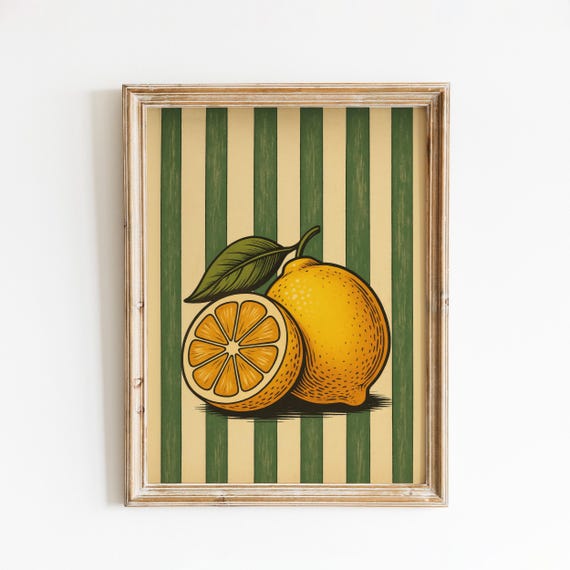 Vintage Lemon Wall Art Botanical Kitchen Print With Green Stripes