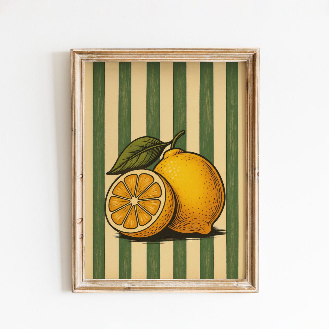 Vintage Lemon Botanical Yellow Citrus Green Striped Kitchen Poster