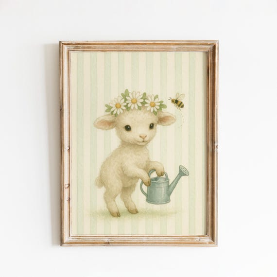 Spring Lamb With Watering Can Floral Pastel Nursery Animal Art Print