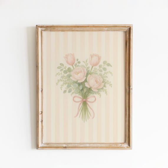 Pastel Pink Tulip Print Vintage Floral Wall Art Neutral Nursery Botanical Poster