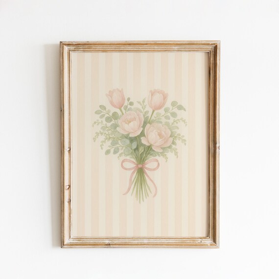 Pink Tulip And Peony Bouquet Watercolor With Bow Striped Poster