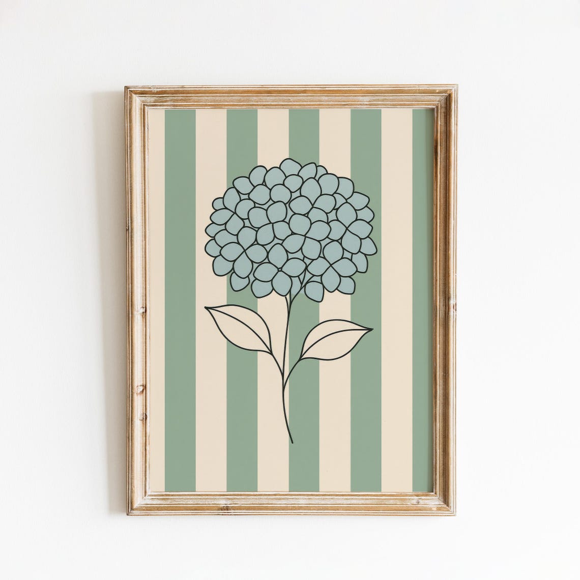 Blue Hydrangea Bloom Line Art Green Striped Vintage Floral Poster