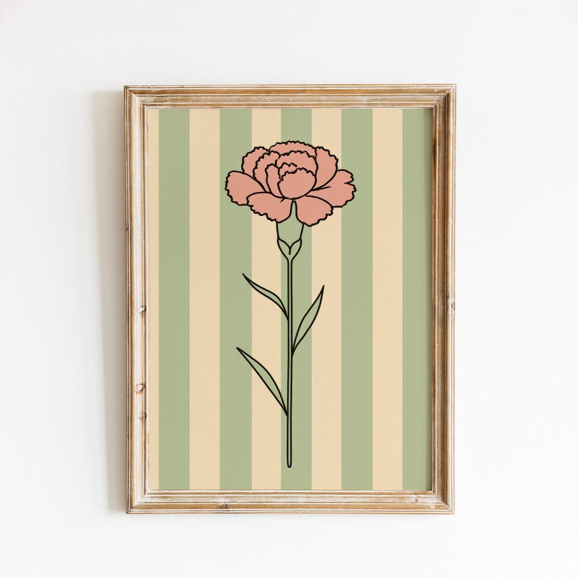 Coral Carnation Bold Outline Sage Striped Vintage Floral Poster