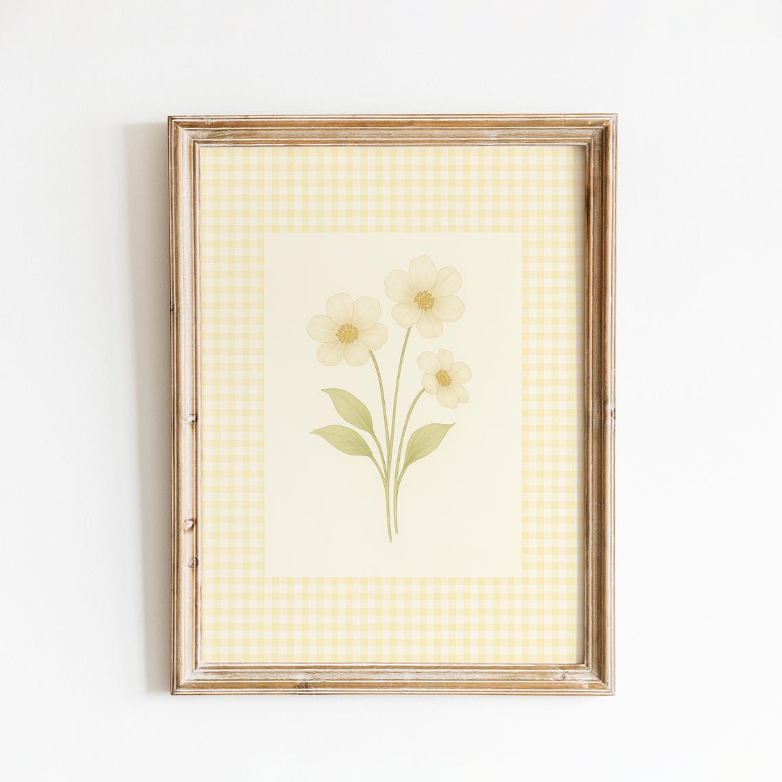 Sunny Yellow Daisy Botanical Print With Gingham Checkered Border