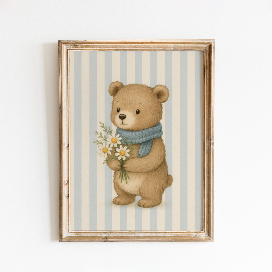 Teddy Bear with Blue Scarf Holding Daisies Nursery Art Poster