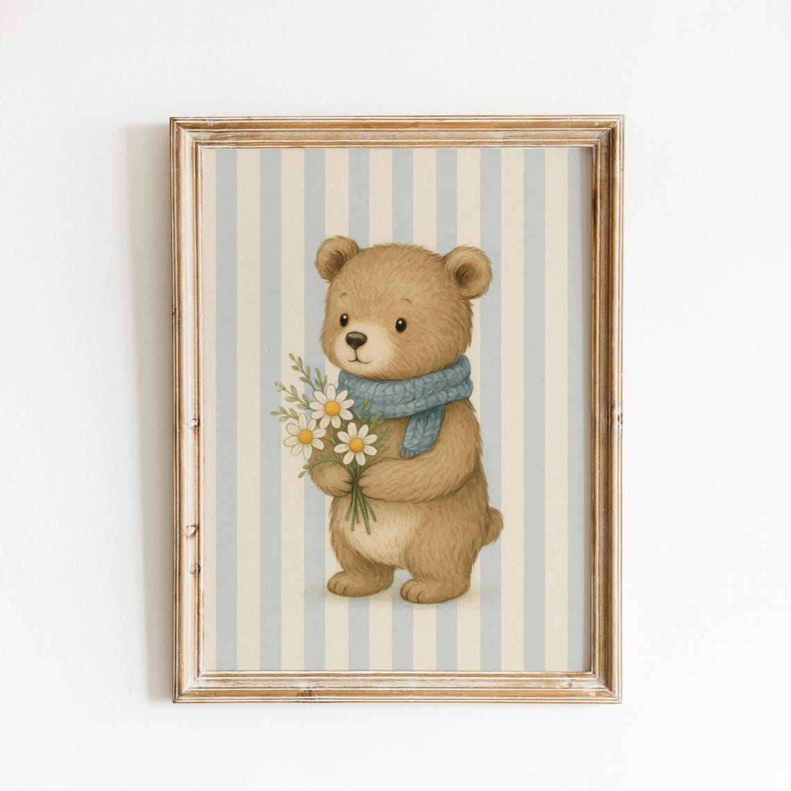 Vintage Bear Nursery Poster Blue Scarf Teddy With Flowers Wall Art
