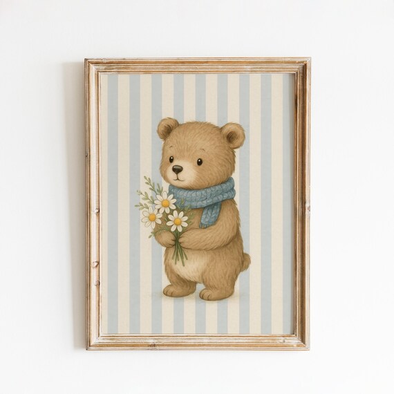 Teddy Bear with Blue Scarf Holding Daisies Nursery Art Poster