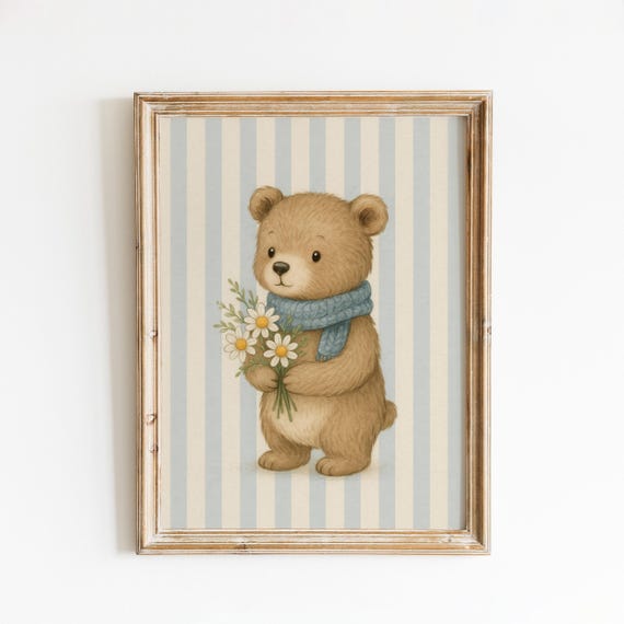 Vintage Bear Nursery Poster Blue Scarf Teddy With Flowers Wall Art