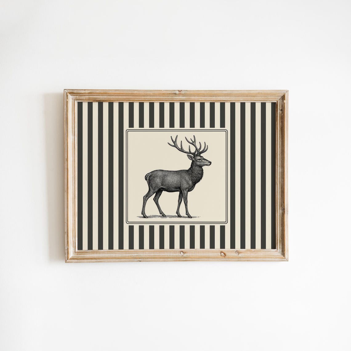 Vintage Stag Engraving Illustration on Black Striped Background Poster