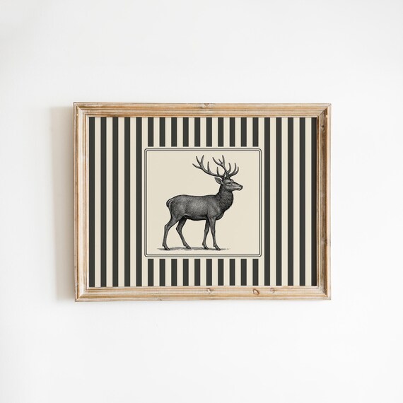 Vintage Stag Engraving Illustration on Black Striped Background Poster
