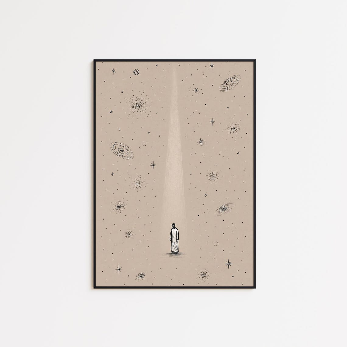 Jesus Standing in a Beam of Light Beneath a Starry Sky Poster