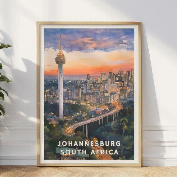 Johannesburg South Africa Poster City Skyline At Sunset Print Urban Nightscape Art Travel Wall Decor African Metropolis Illustration