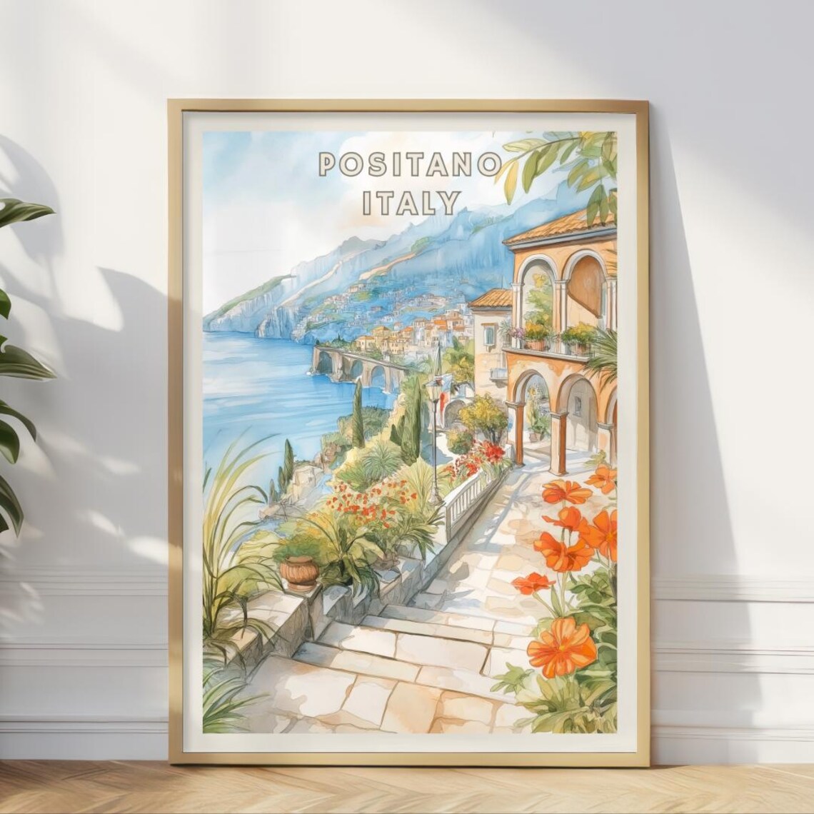 Positano Italy Travel Poster, Amalfi Coast Landscape