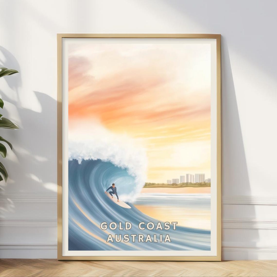 Gold Coast Australia Surfing Wave Barrel Sunset Surfer Travel Poster