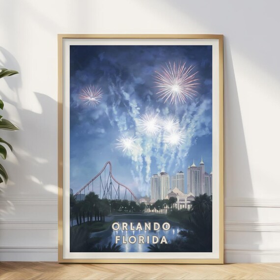 Orlando Florida Poster Theme Park Fireworks Print Amusement Wall Art Roller Coaster Night Scene City Skyline Decor Travel