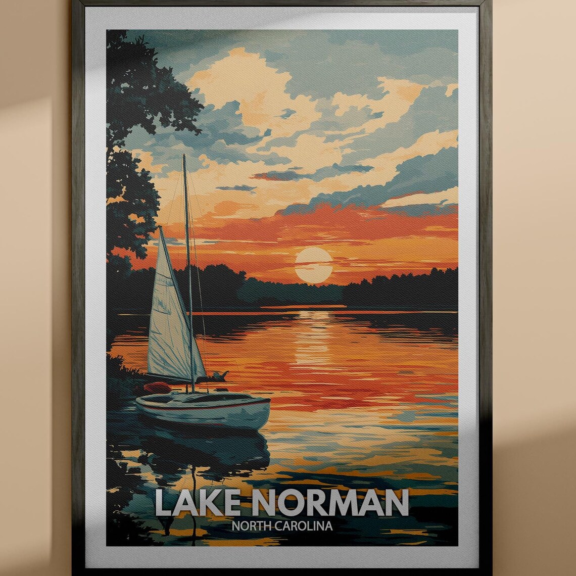Lake Norman North Carolina Sunset Sailboat Evening Travel Poster