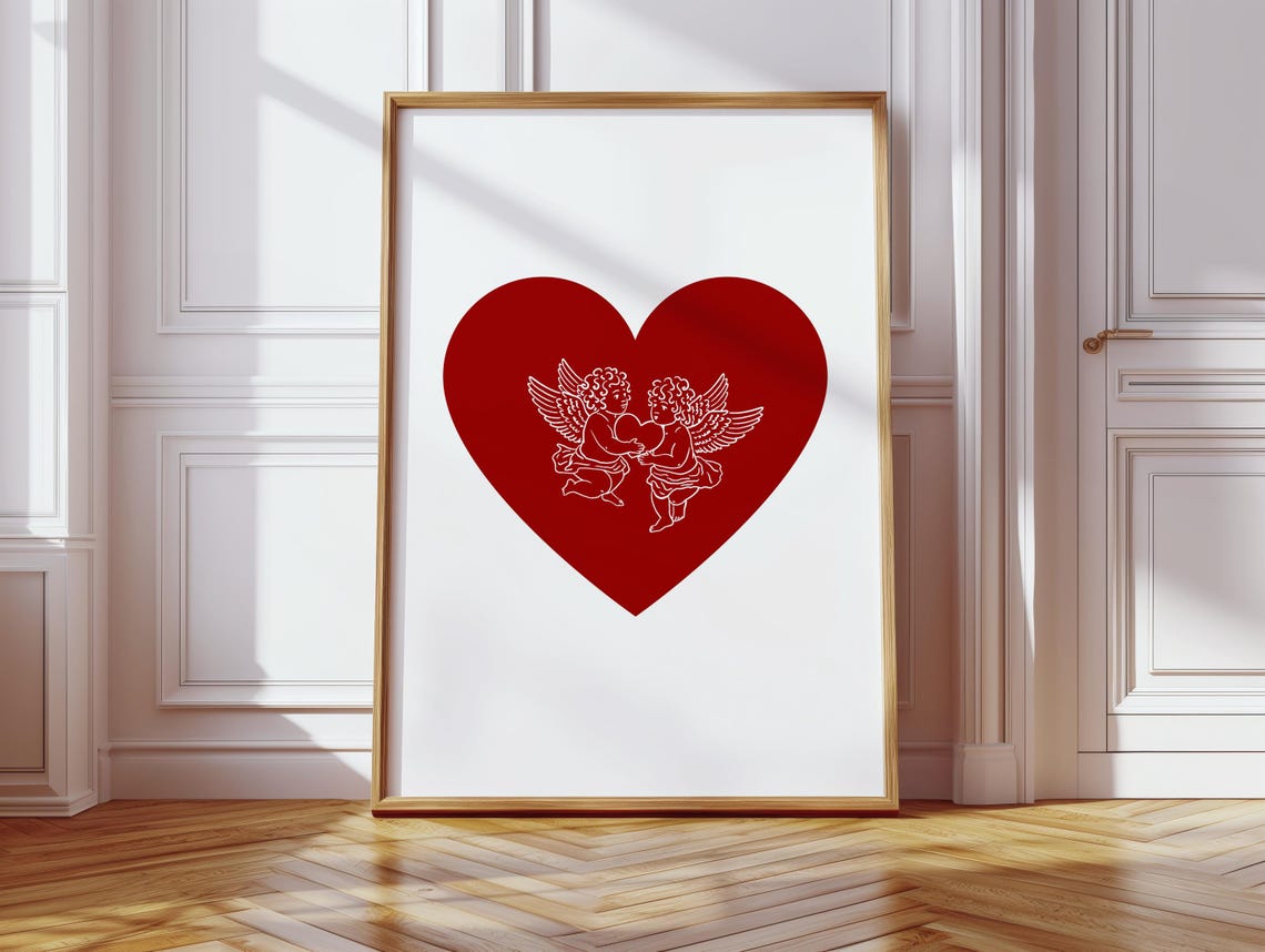 Red Cupid Angel Heart Print Trendy Coquette Wall Art It Girl For Dorm Or Bedroom Decor