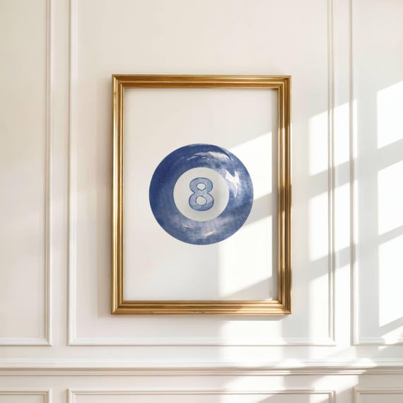 Navy Blue Watercolor 8ball Print Moody Retro Pool Art Wall Decor For Dorm Lounge Or Game Room