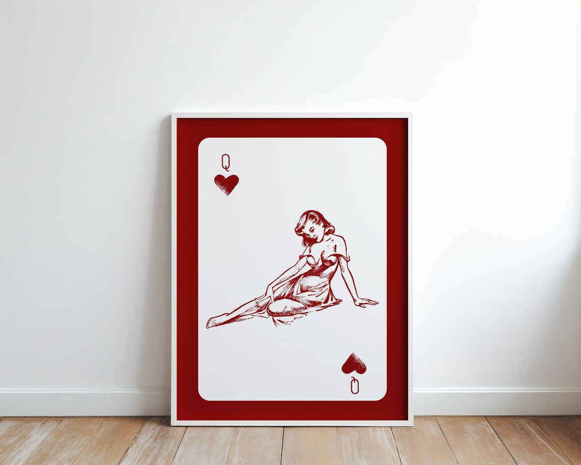 Red Queen of Hearts Pinup Card Retro Coquette Vintage Glam Wall Poster