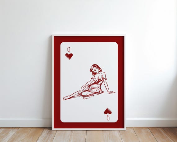 Red Pinup Girl Playing Card Print Trendy Dorm Wall Art Retro Coquette Poster Bold For Bedroom Decor