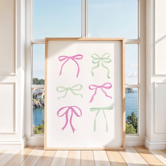 Pink And Green Bow Print Coquette Wall Art Preppy Girly Cute Dorm Room Decor