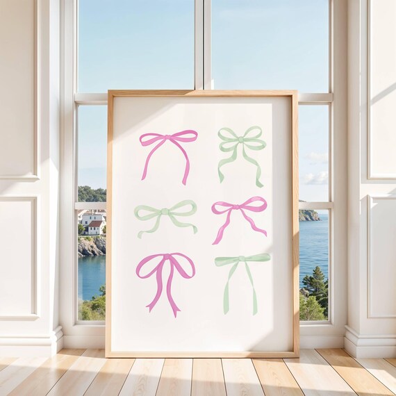 Pink and Green Ribbon Bows Coquette Watercolor Wall Decor Poster