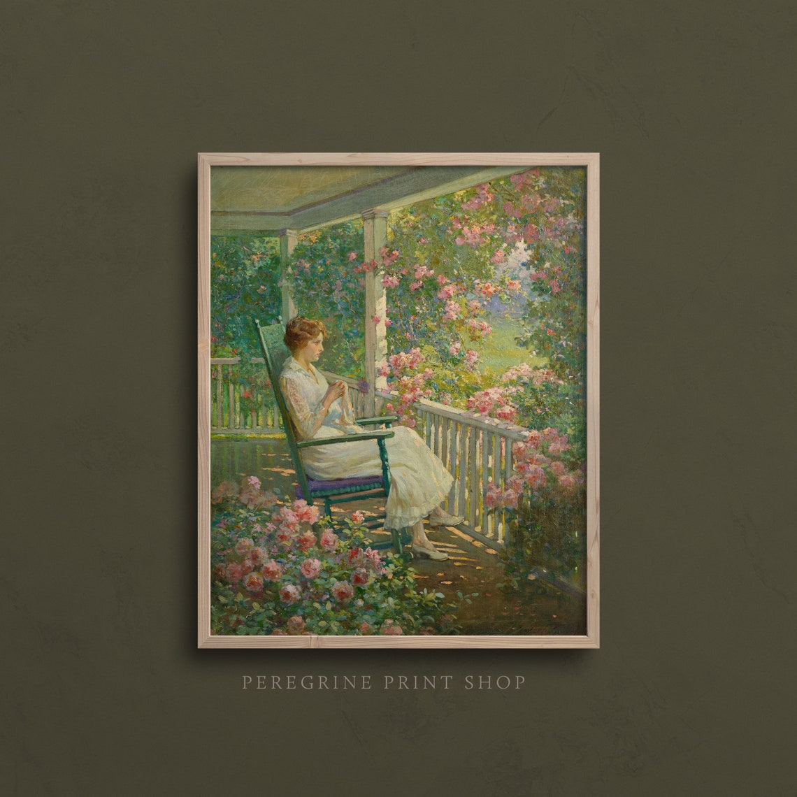 Woman On A Porch Fine Art Print Vintage Garden Wall Art Eclectic Wall Art Cottage Wall Art Green Oil Painting Spring Art A56 - Image 3
