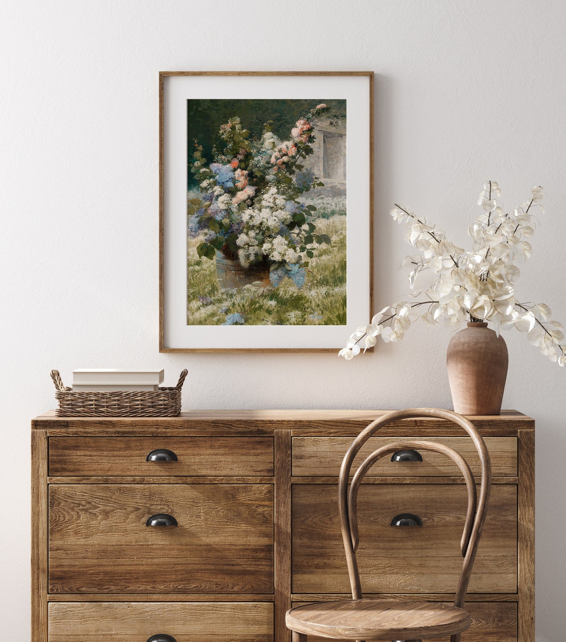 Lilac Blossoms in Wooden Bucket Vintage Garden Floral Art Print - Image 3