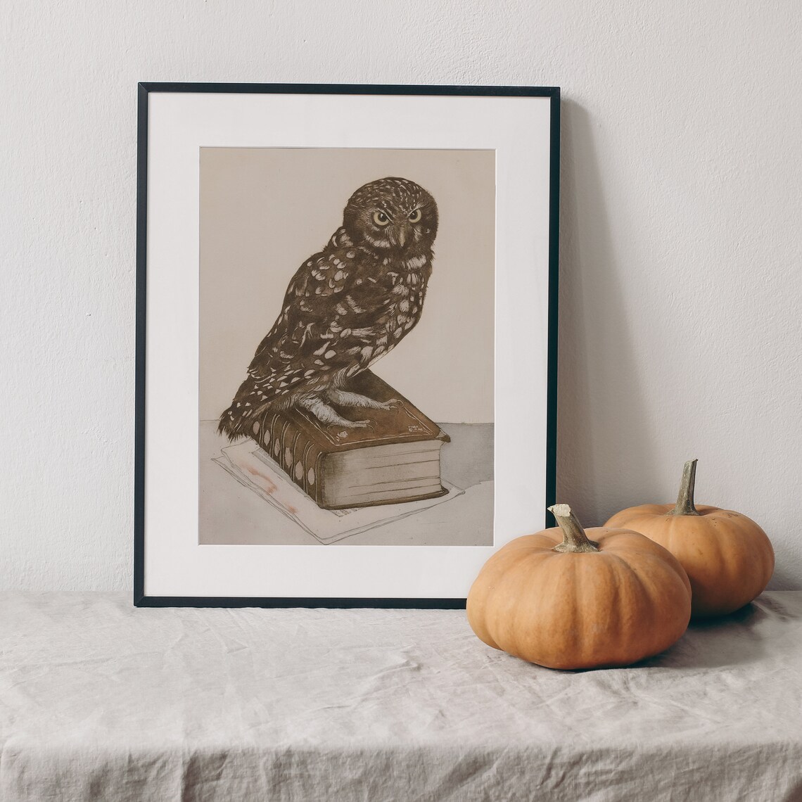 Owl Perched On Old Book Sepia Vintage Illustration Wise Bird Study Print - Image 2
