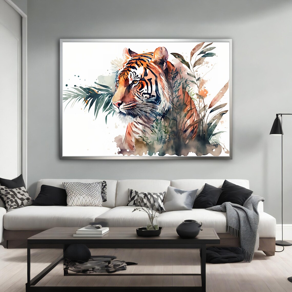 Tiger Portrait Watercolor Painting Tropical Leaves Wild Jungle Wall Poster - Image 2