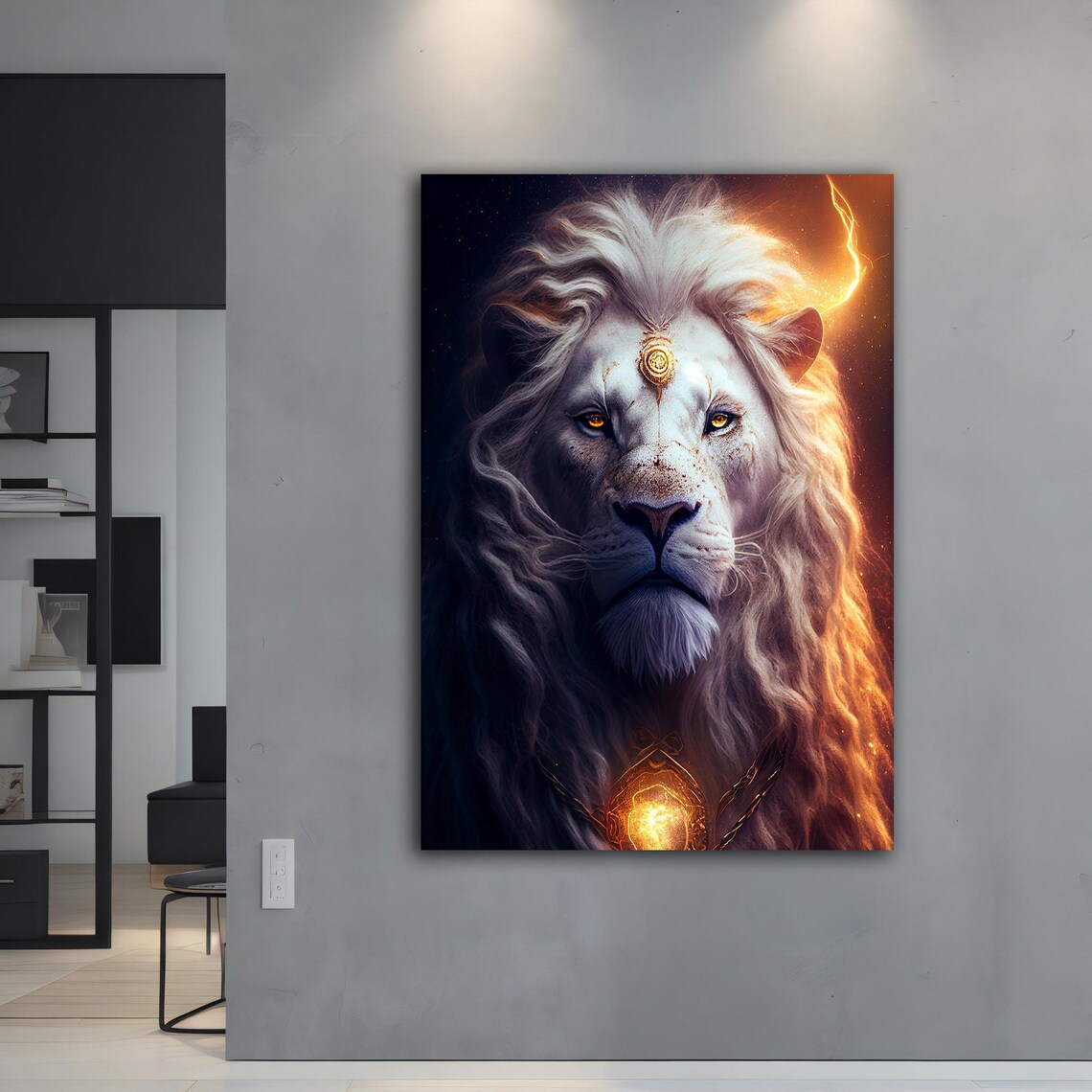 Majestic White Lion Fantasy Portrait Golden Eyes Fiery Glow Poster - Image 4
