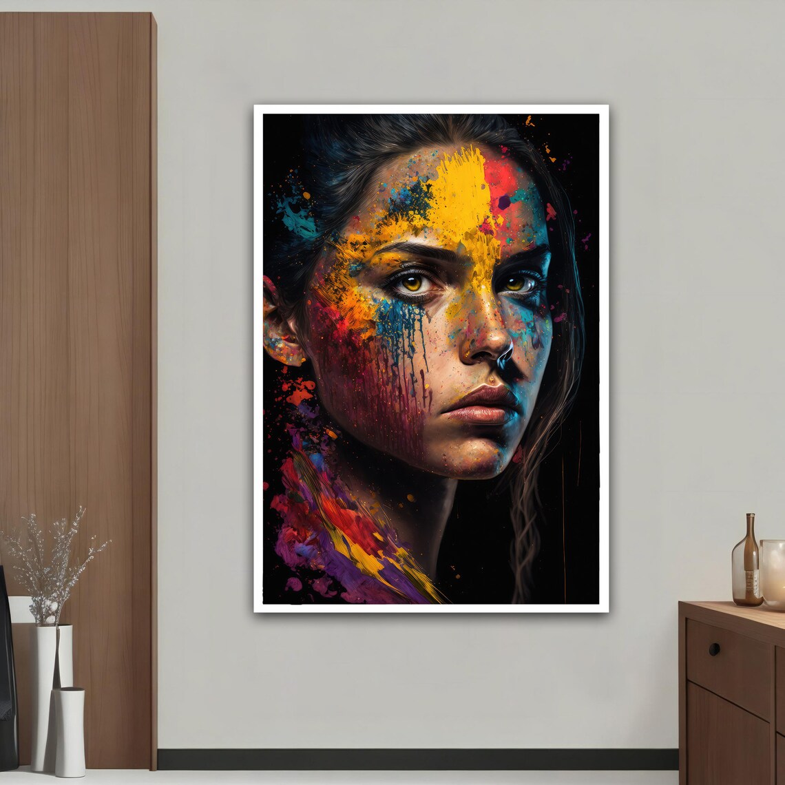 Paint Splash Woman Face Colorful Drips Black Background Art Poster - Image 2