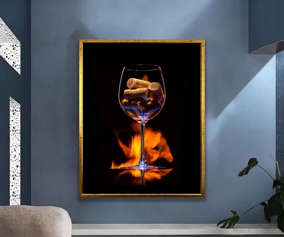 Wine Glass Filled With Corks Over Flames Dramatic Photo Art Poster