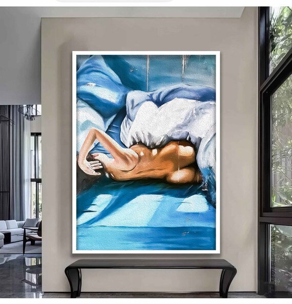 Reclining Nude Woman Blue Sheets Painterly Figurative Art Poster