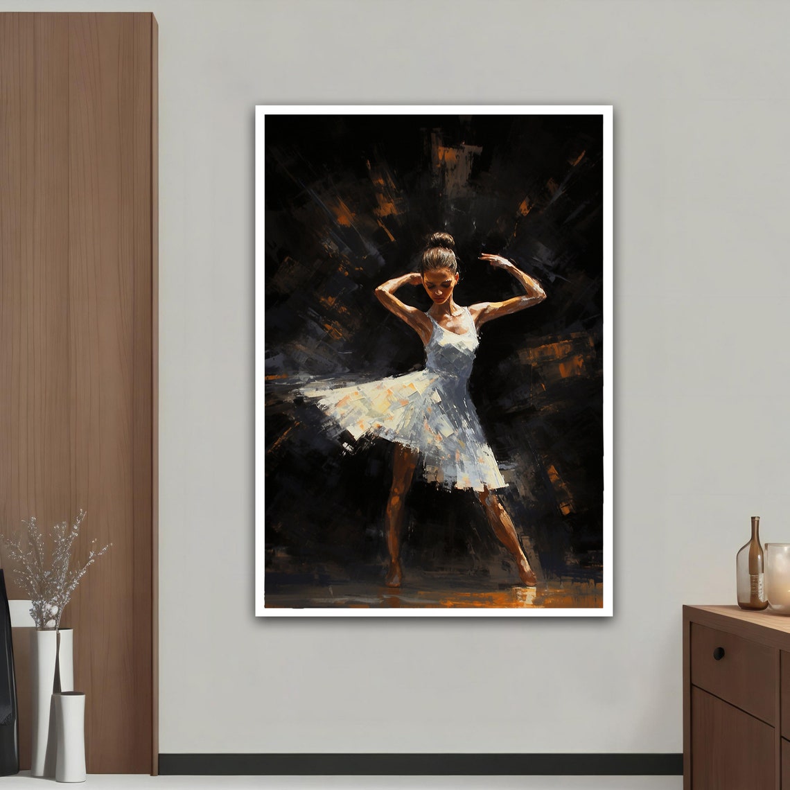 Ballerina in White Dress Dark Stage Dramatic Dance Art Print - Image 5