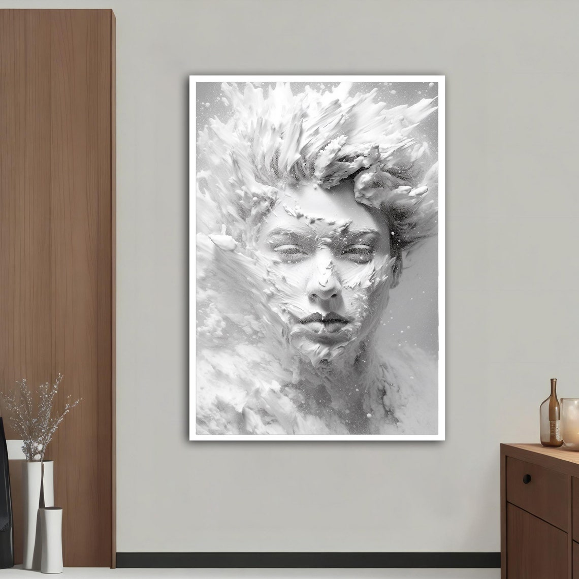 White Sculpture Woman Face Splash Crown Monochrome 3D Art Poster - Image 4