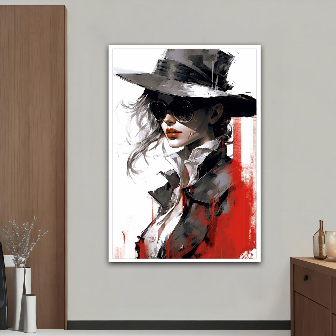 Woman Fedora Sunglasses Red Lips Bold Fashion Illustration Art Poster - Image 4