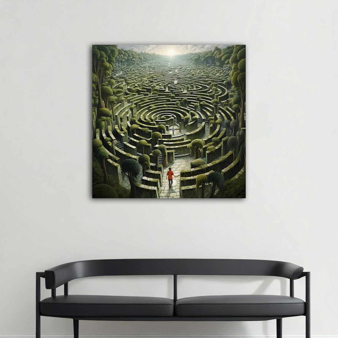Surreal Green Labyrinth Garden Maze With Lone Wanderer Art Poster - Image 4