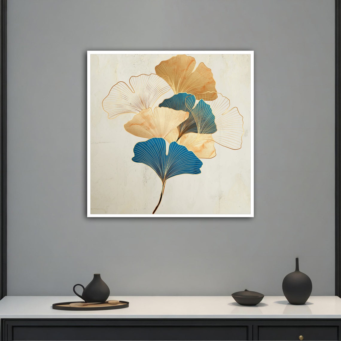 Blue and Gold Ginkgo Leaves Line Art Elegant Botanical Wall Poster - Image 2