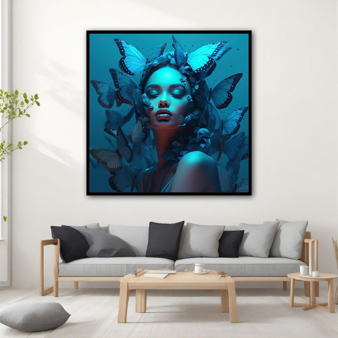 Woman Portrait With Blue Butterflies In Monochrome Teal Art Poster - Image 5