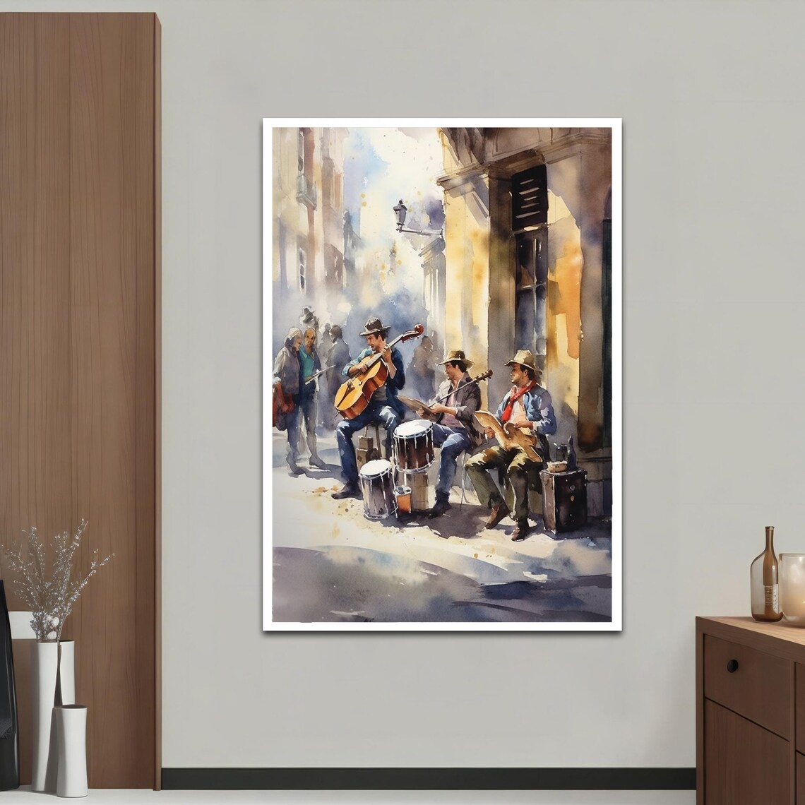 Street Musicians Sunlit Old Town Watercolor Music Painting Print - Image 2