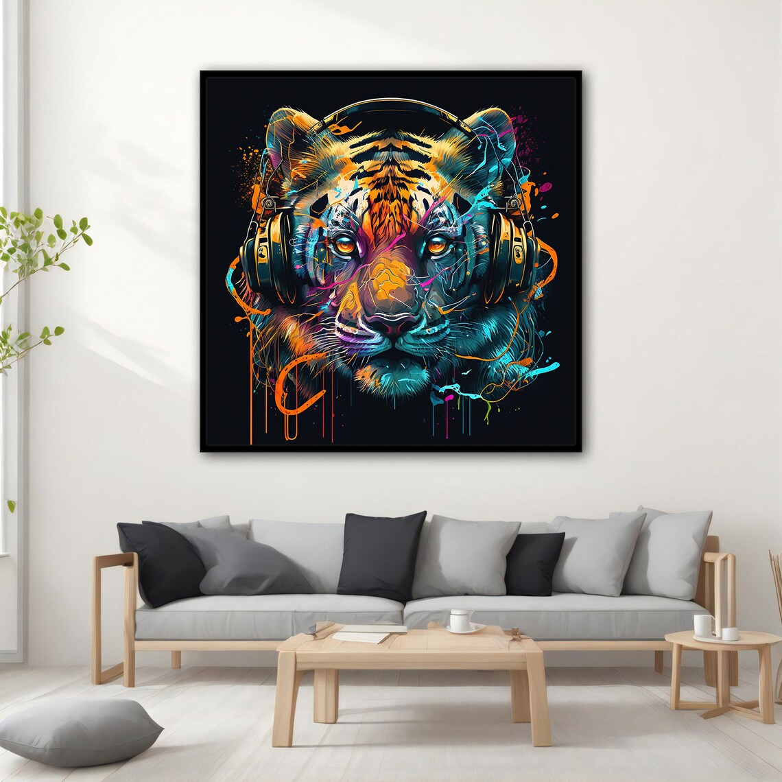 Tiger Wearing Headphones Neon Pop Art Colorful Music Wall Poster - Image 2