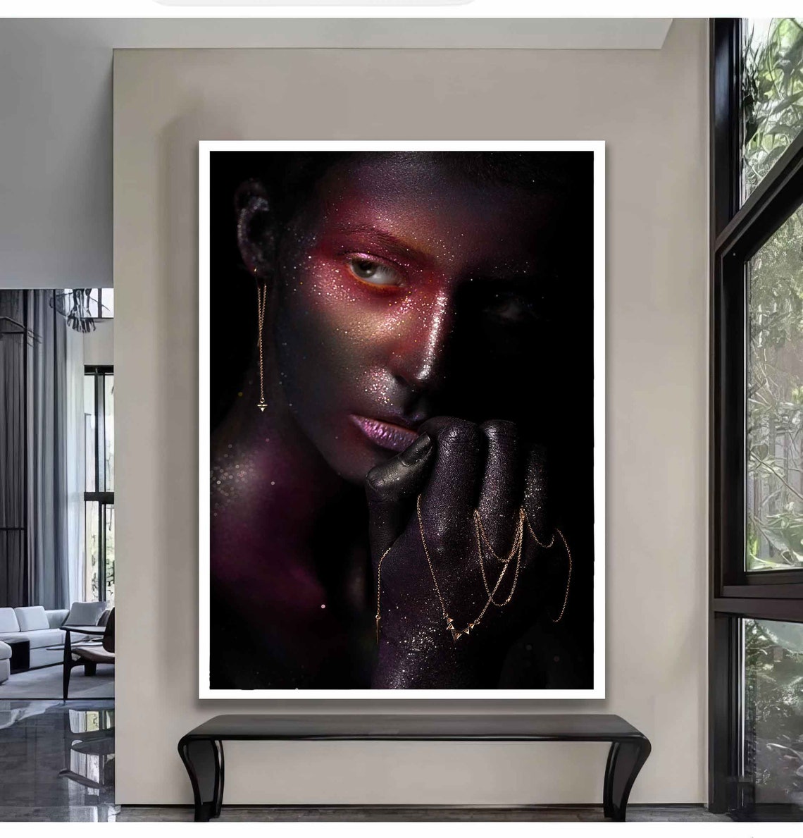 Dark Beauty Portrait Gold Jewelry Chains Glitter Wall Art Poster - Image 2