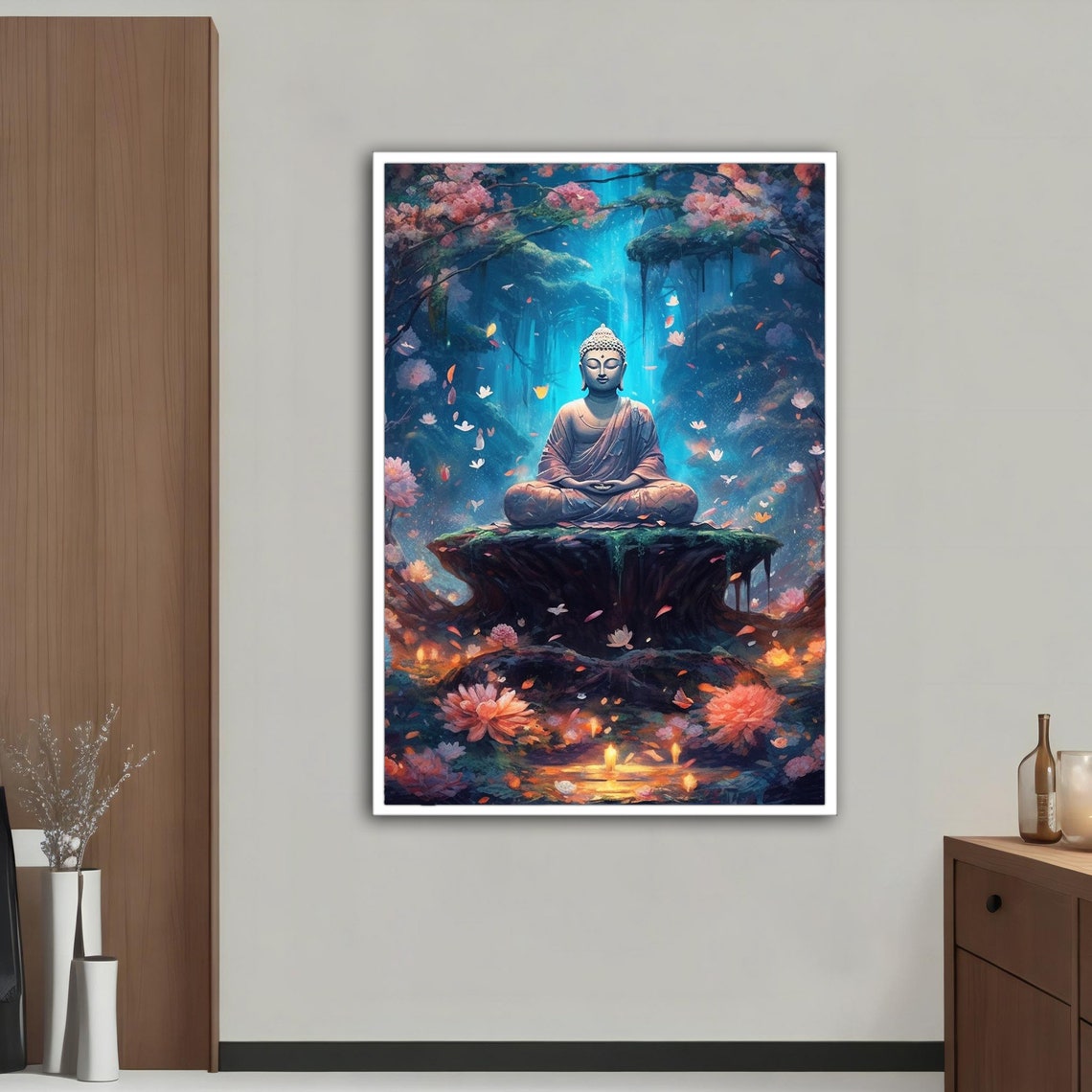Buddha Meditating in Glowing Jungle Waterfall Serene Art Print - Image 3