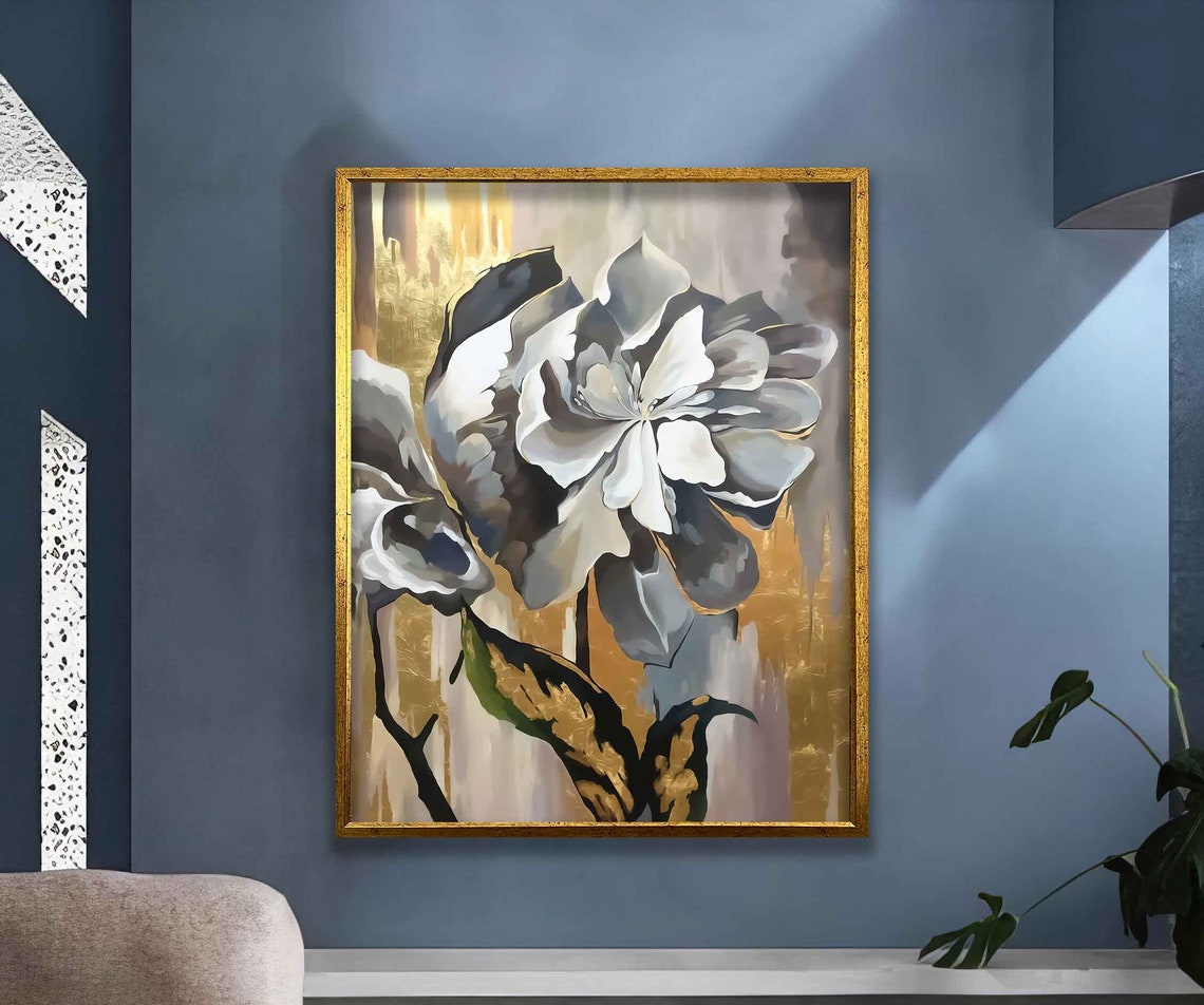 White Flower Golden Abstract Background Floral Painting Wall Poster - Image 5