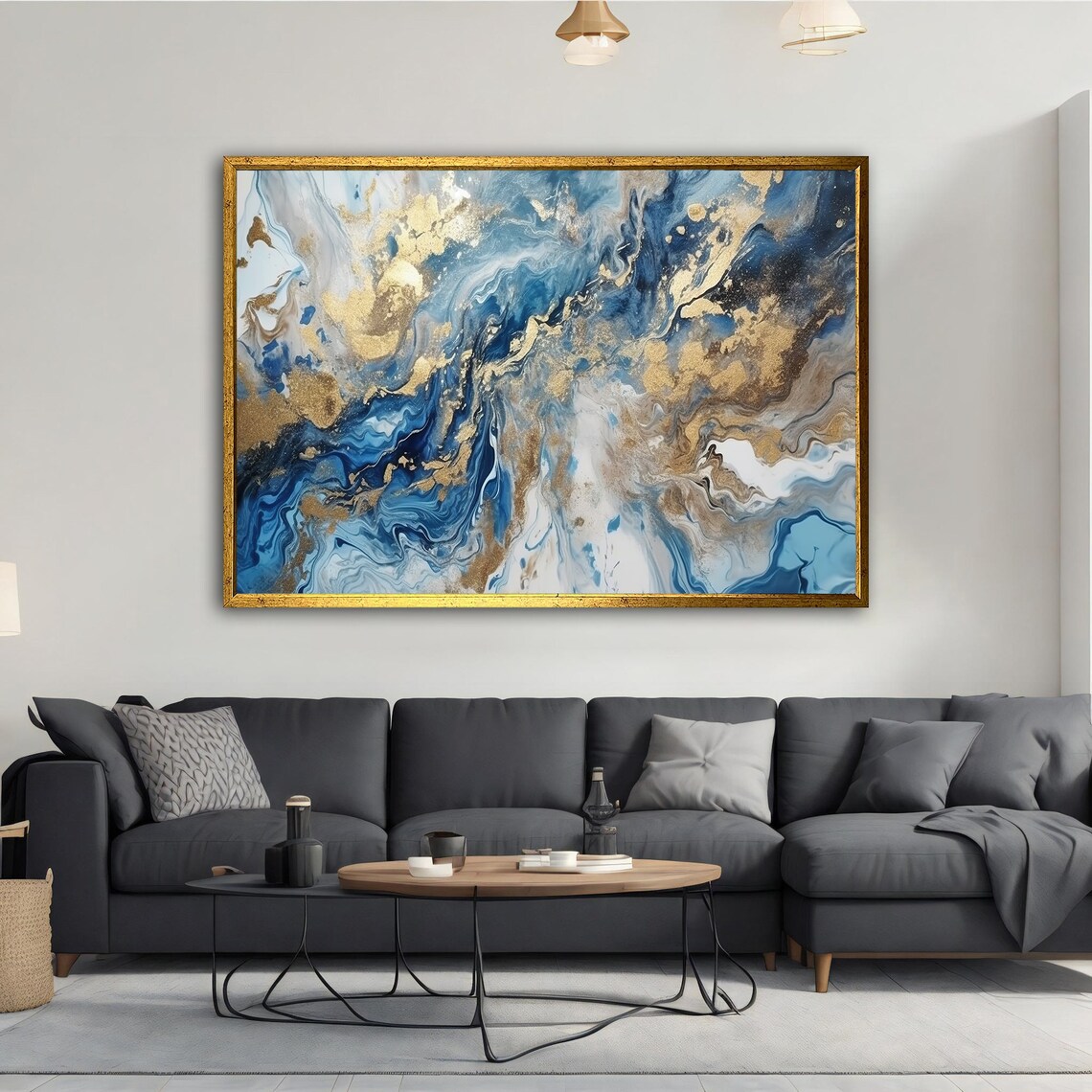 Blue Gold Marbling Abstract Painting Ocean Waves Swirl Wall Poster - Image 2