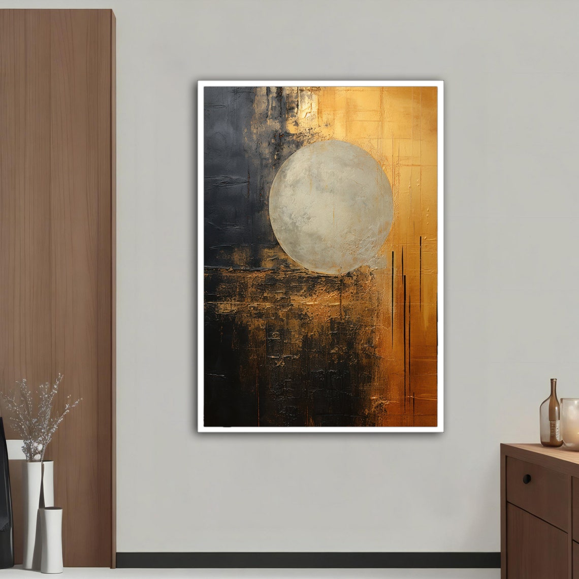 Black And Gold Abstract Painting With Large Moon Sphere Wall Art - Image 5