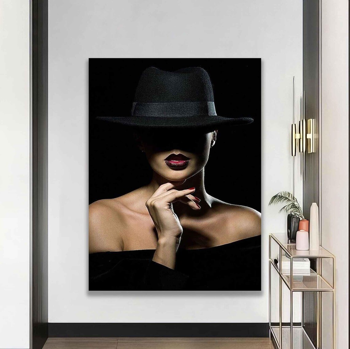 Woman Black Fedora Hat Red Lips Mysterious Noir Fashion Wall Art Poster - Image 4
