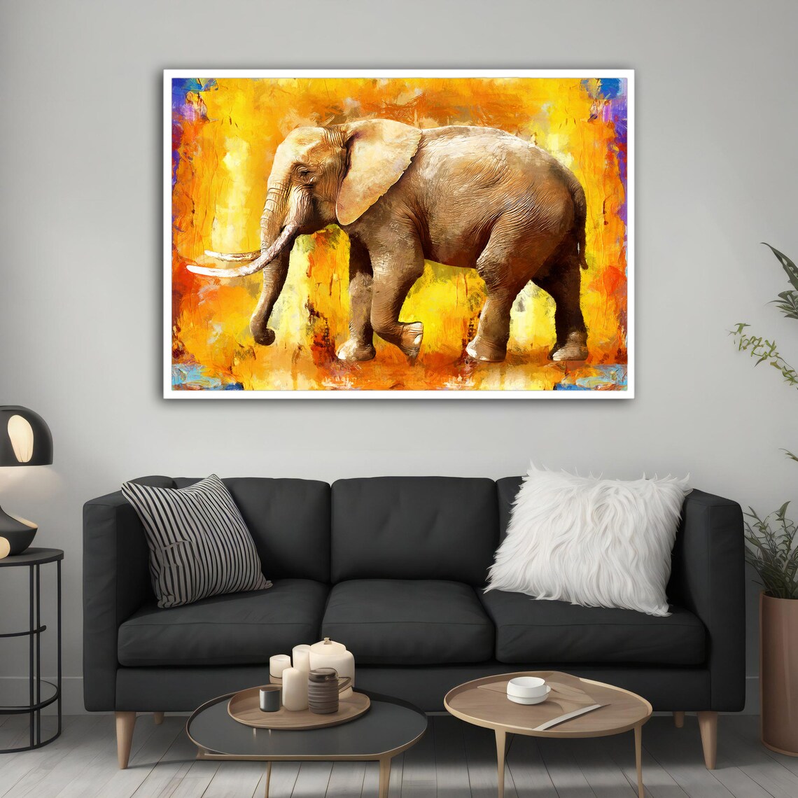 African Elephant Walking Painting Fiery Orange Background Wildlife Poster - Image 4